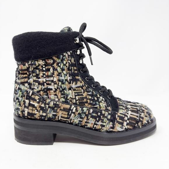Chanel Tweed Lace Up Combat Ankle Boots 40 - Picture 7 of 13